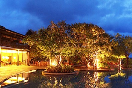 Pool, restaurant and reception at night, Cinnamon Wild, Yala, Sri Lanka