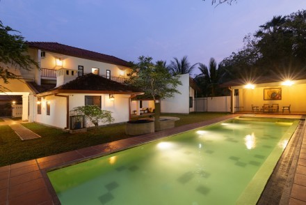 Pool and villa after dark, Jetwing Mahesa Bhawan, Jaffna, Sri Lanka