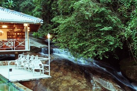 Restaurant, pool and waterfall, Royal River Resort, Kitulgala, Sri Lanka