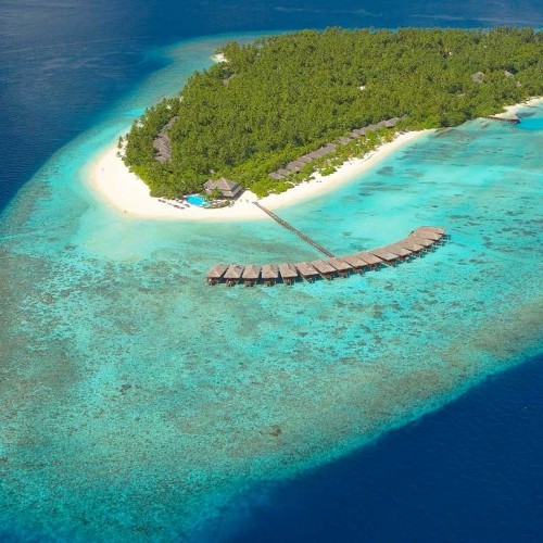 Aerial view of Filitheyo Island Resort, Maldives