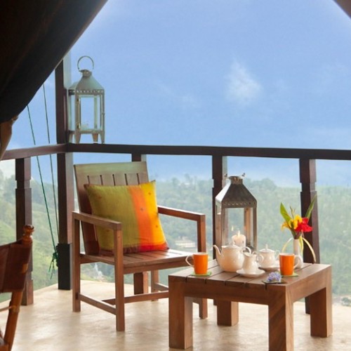 Panoramic view from the balcony of a Deluxe Lodge at Madulkelle Tea & Eco Lodge, Knuckles, Sri Lanka