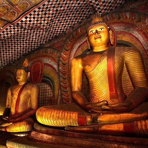 Sitting Buddhas at Dambulla cave temples, Sri Lanka